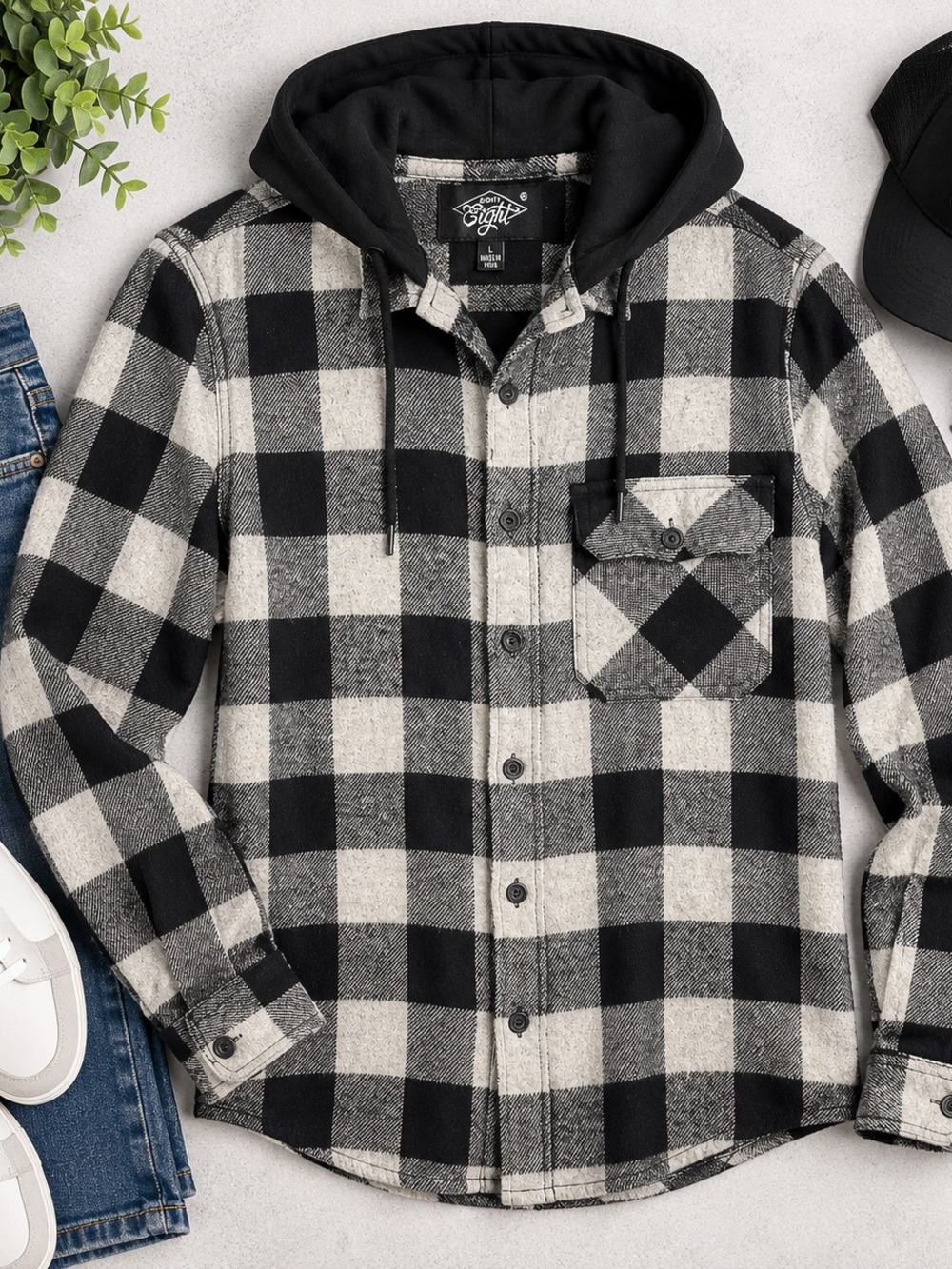 Eighty Eight Buffalo Plaid Hooded Flannel Shirt Jacket – Black/White – Size L